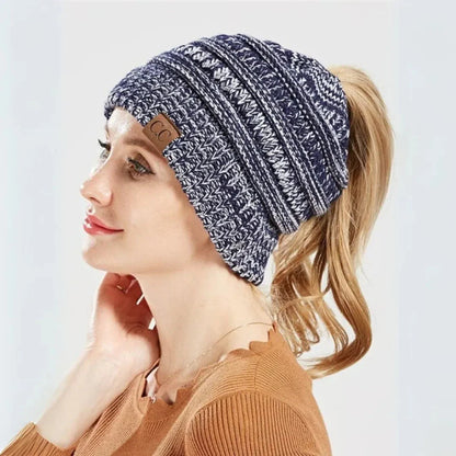 Warm Cozy Women's Ponytail Beanie - Ribbed Knit, Winter