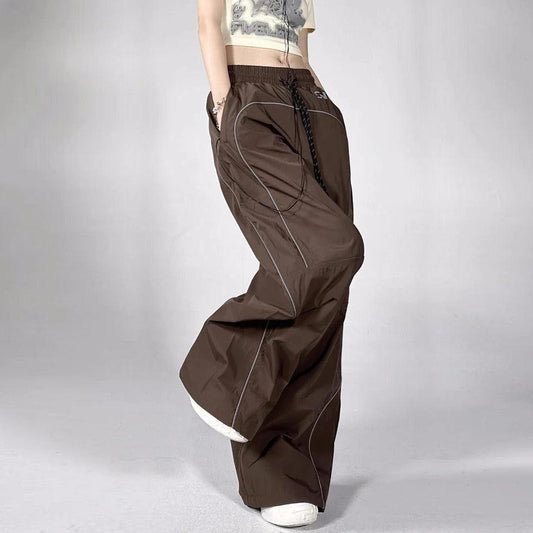 Brown Parachute Pants with Adjustable Drawcord, Six-Pocket Design, Oversized Fit for Casual and Urban Wear-1