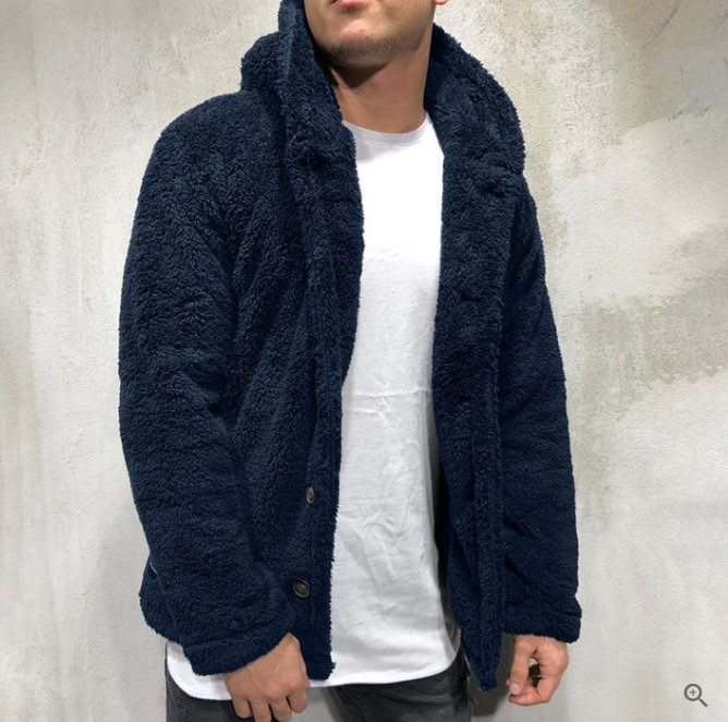 Warm Mens Fleece Pullover - Hooded Button Front, Sherpa