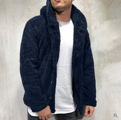 Warm Mens Fleece Pullover - Hooded Button Front, Sherpa