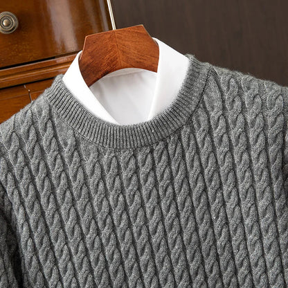 Warm Men's Cable Knit Sweater - Crewneck, Wool Blend, Casual