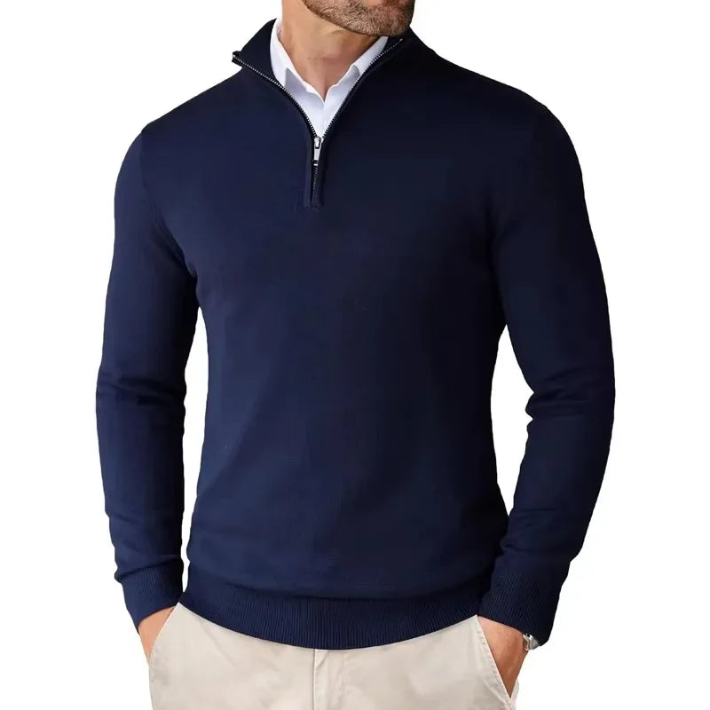 Lightweight Classic Men’s Knit Sweater - Zip Collar, Cotton