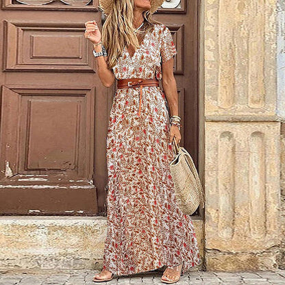 Elegant Boho Women's Maxi Dress, V-Neck Short Sleeve Summer Dress, Adjustable Belt, Full-Length, Soft Polyester, Multiple Colors Available-5