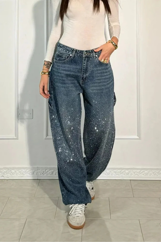 Relaxed Fit Blue Denim Straight Leg Jeans with Rhinestone Embellishments for Casual Glamour-1
