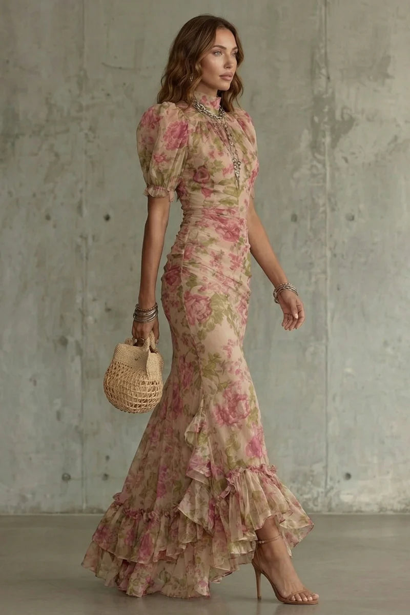 Fitted women's puff-sleeve dress - slim-fit, long-pleated, floral print, for special occasions