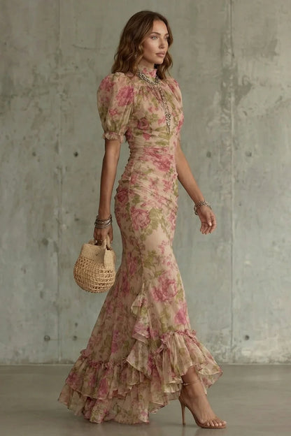 Fitted women's puff-sleeve dress - slim-fit, long-pleated, floral print, for special occasions