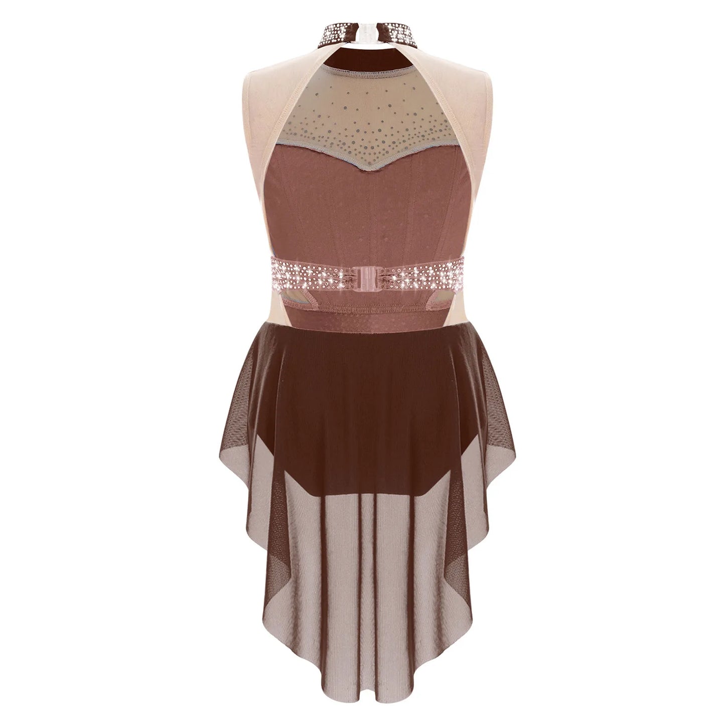 Stretchy girls' leotard - rhinestone mesh yoke, sleeveless, polyester, nylon, elastane, for lyrical dance performance
