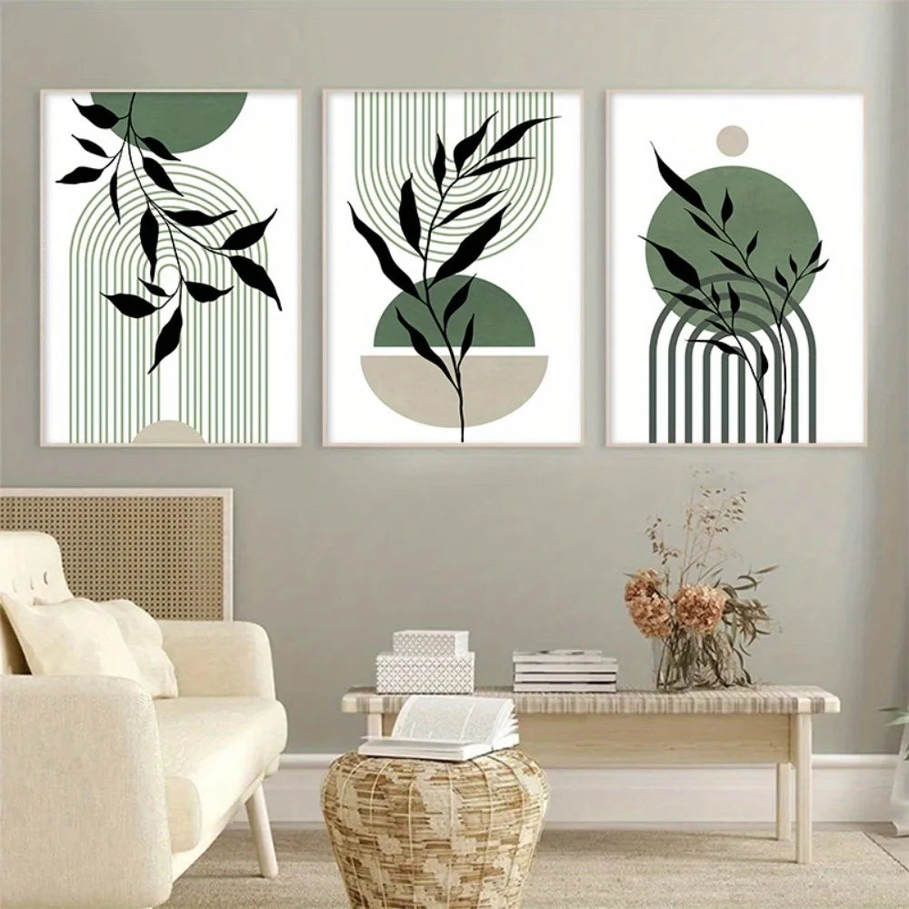 Sage Green Boho Wall Art Set 3Pc Mid Century Prints