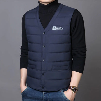 Warm Men's Down Vest - V Neck Quilted Cotton, Winter