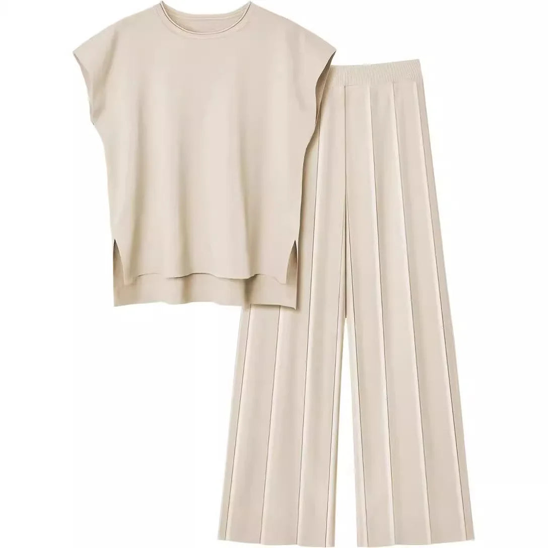Soft Relaxed Women’s Two-Piece Pant Set – Sleeveless Round-Neck Knit Top, High-Waist Wide-Leg Trousers For Summer