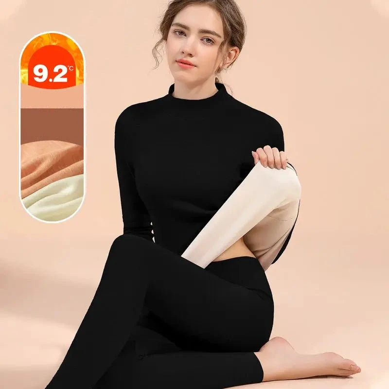 Velvet Thermal Underwear Set for Women - Warm Mid-High Collar Base Layer, Seamless Loungewear for Winter