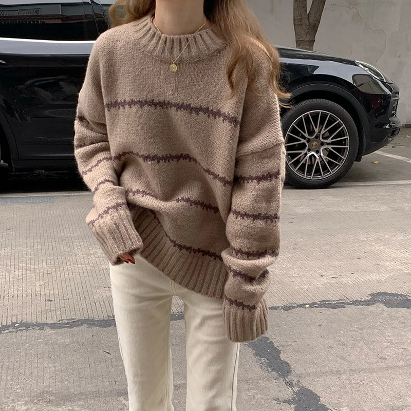 Oversized Cozy Womens Knit Sweater - Chunky Crewneck Winter