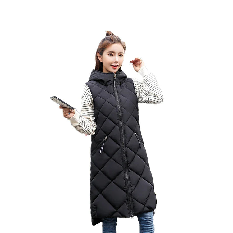 Lightweight Women's Long Puffer Vest - Hooded Cotton Winter
