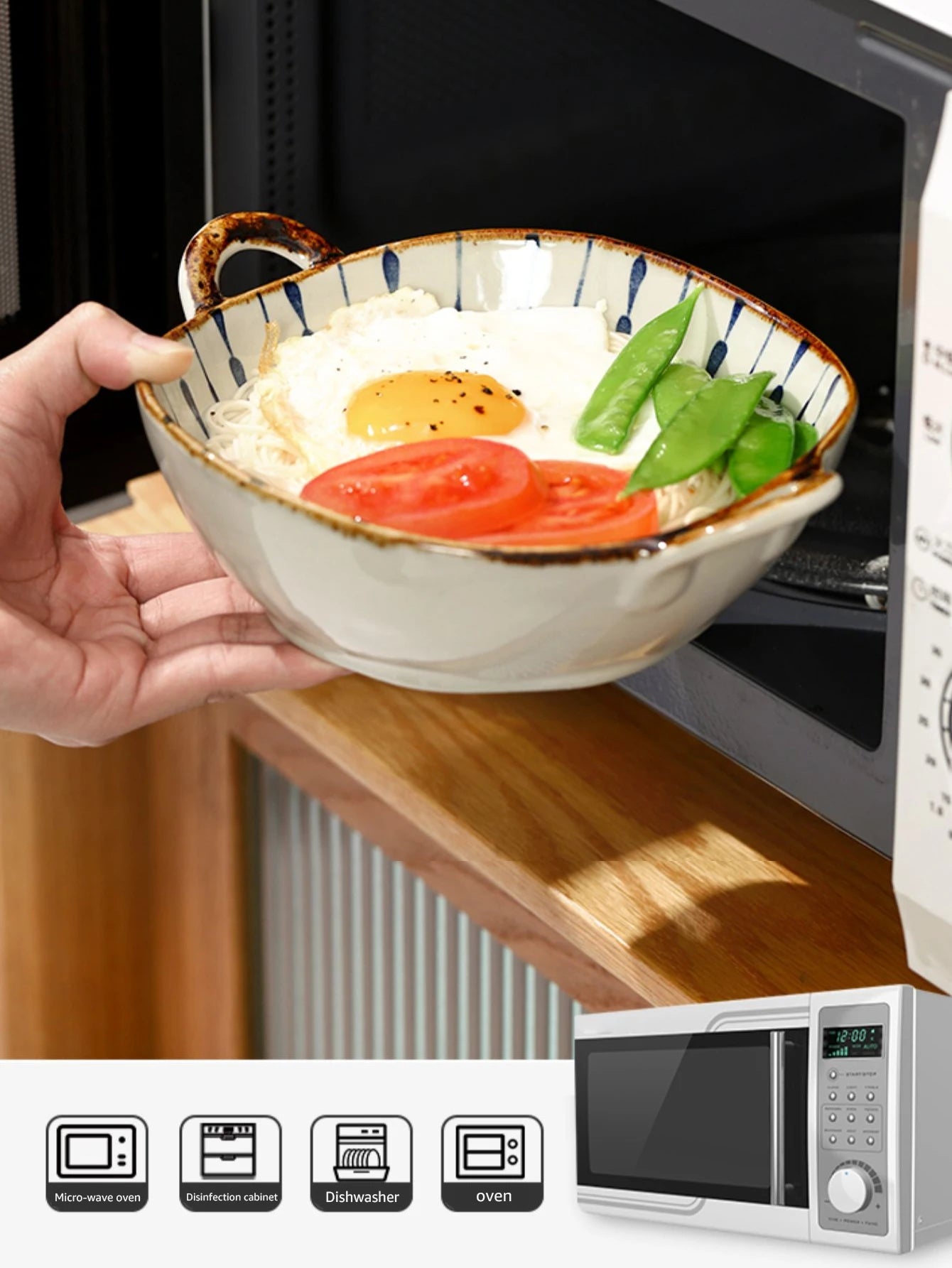 Keramische 7,5 Inch Noedelkom Met Handvatten Bloemen Porselein