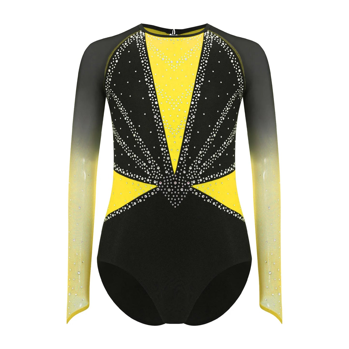 Strækbar pige dragt - flatterende, rhinsten-detaljeret, langærmet, mesh-panel, polyester elastan, til gymnastik