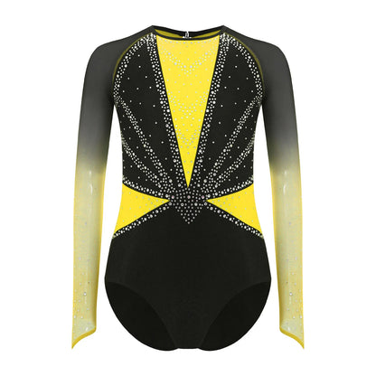 Strækbar pige dragt - flatterende, rhinsten-detaljeret, langærmet, mesh-panel, polyester elastan, til gymnastik