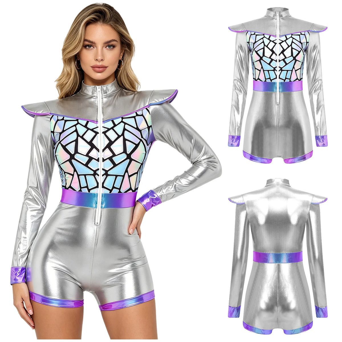 Zilverkleurige metallic astronauten-alien-tutu-jurk voor vrouwen, cosplayruimtecadetromper, Halloweenfeestjurk 2026