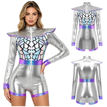 Zilverkleurige metallic astronauten-alien-tutu-jurk voor vrouwen, cosplayruimtecadetromper, Halloweenfeestjurk 2026
