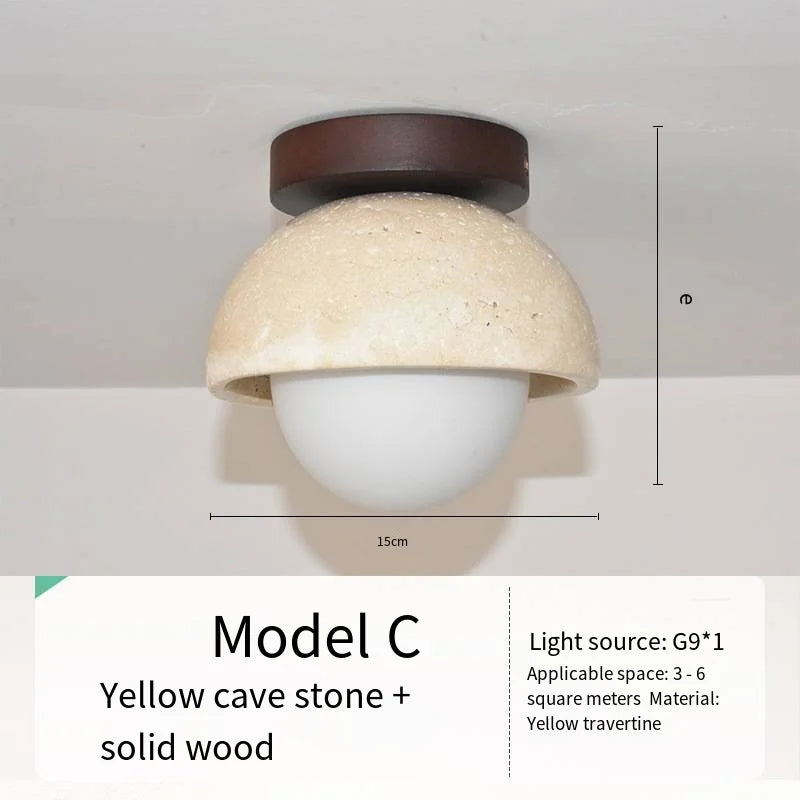 Japandi Travertine Ceiling Light Wood Cap Round Mid Century Lamp