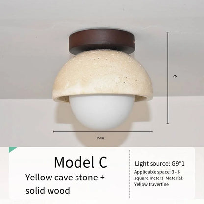 Japandi Travertine Ceiling Light Wood Cap Round Mid Century Lamp