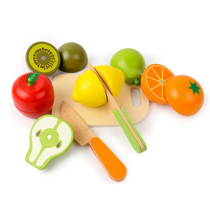 Wooden Kitchen Pretend Play Set - Montessori Cutting Fruits & Vegetables Toy for Kids