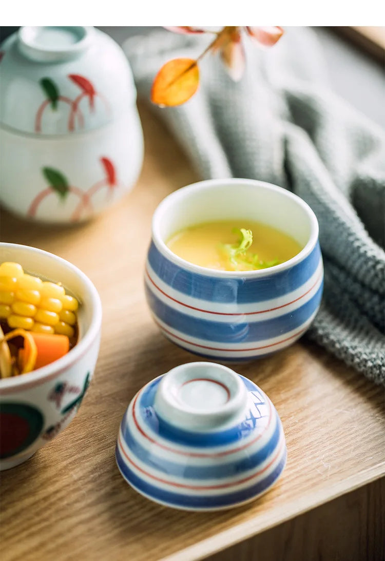 Handmålade japanska keramiska dessertskålar med lock, set