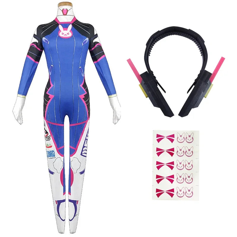 Overwatch DVa Meka Pilot Zentai Jumpsuit Cosplay Costume Set with Wig Headphones and Gun Props 2026