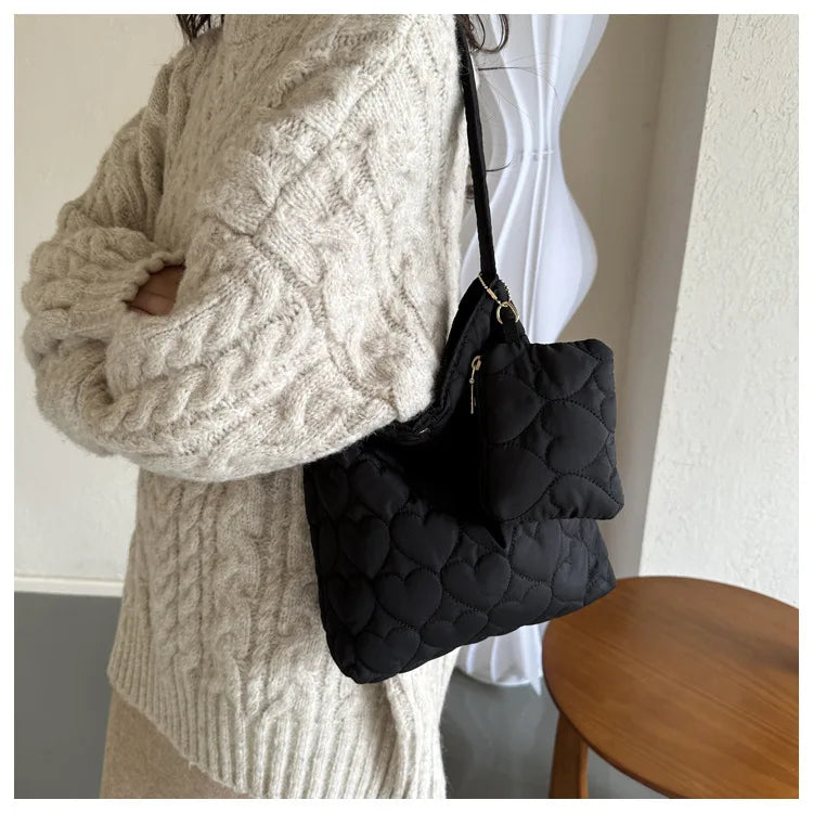 Cozy women's quilted tote – padded square shoulder bag, polyester, casual everyday