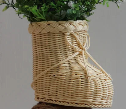 Rattan Vase Boot Shaped Imitation Woven Tabletop Christmas Decor Holiday 2025 Cute Centerpiece Gift