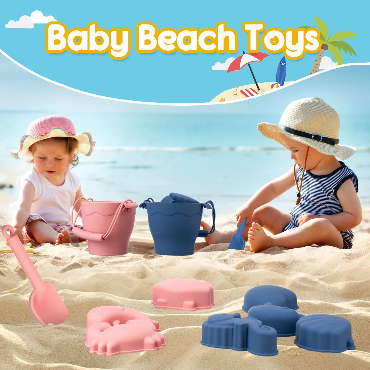 Silikon Strandspielzeug Set 8-teilig Eimer und Formen Kinder Sandspiel Sommer 2025 Flexibel Einfach zu Reinigen Sicheres Geschenk