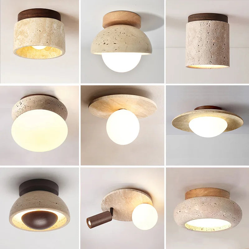 Japandi Travertine Ceiling Light Wood Cap Round Mid Century Lamp