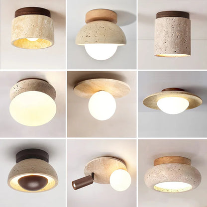 Japandi Travertine Ceiling Light Wood Cap Round Mid Century Lamp