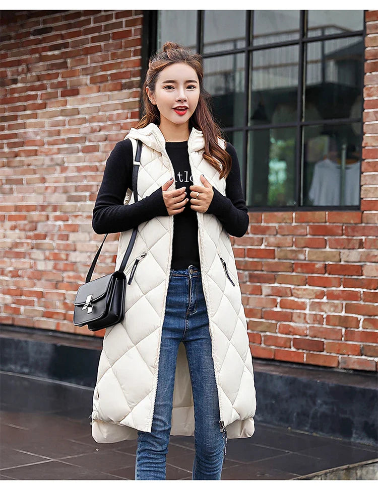 Lightweight Women's Long Puffer Vest - Hooded Cotton Winter