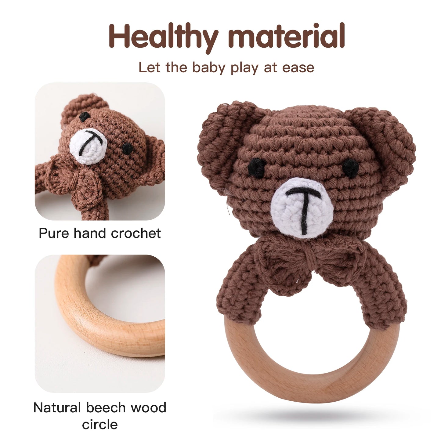 Wooden Crochet Animal Teether Rattle Newborn Sensory Toys