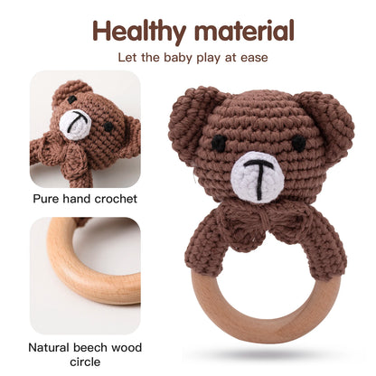 Wooden Crochet Animal Teether Rattle Newborn Sensory Toys
