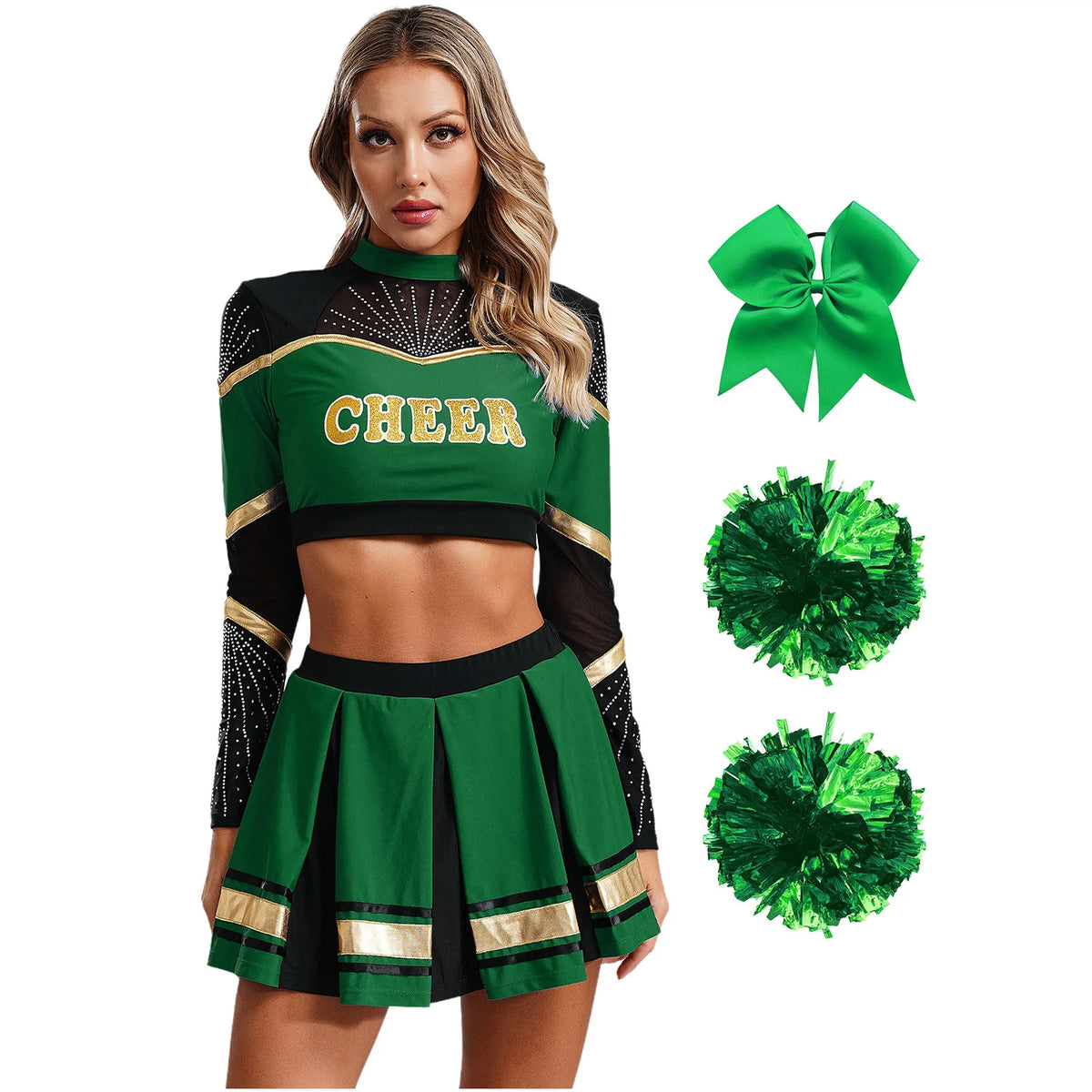 Cosplaykostuum voor cheerleaderoptredens voor vrouwen, crop-top met lange mouwen en geplooide rok met pompons 2026