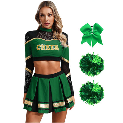 Cosplaykostuum voor cheerleaderoptredens voor vrouwen, crop-top met lange mouwen en geplooide rok met pompons 2026