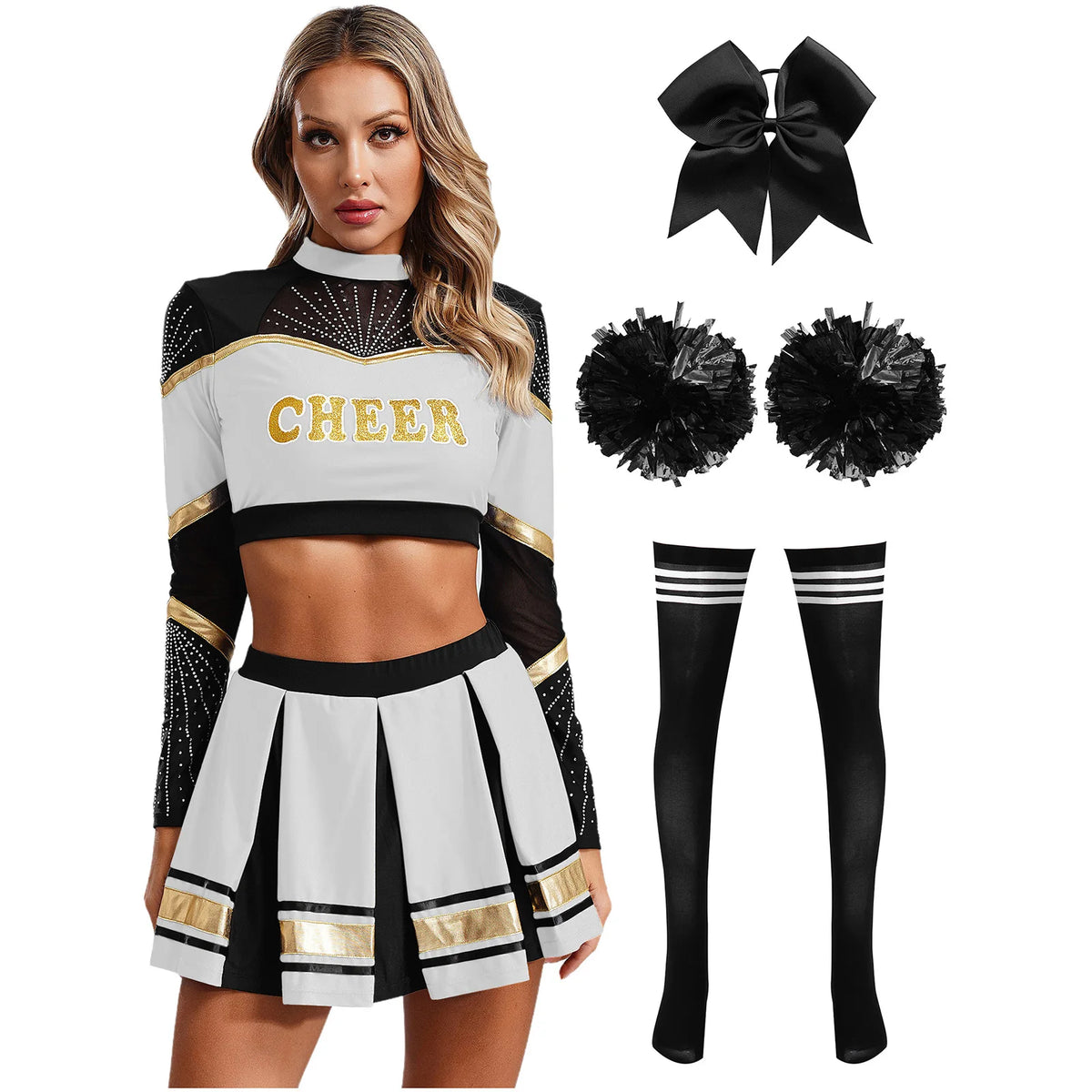Cosplaykostuum voor cheerleaderoptredens voor vrouwen, crop-top met lange mouwen en geplooide rok met pompons 2026