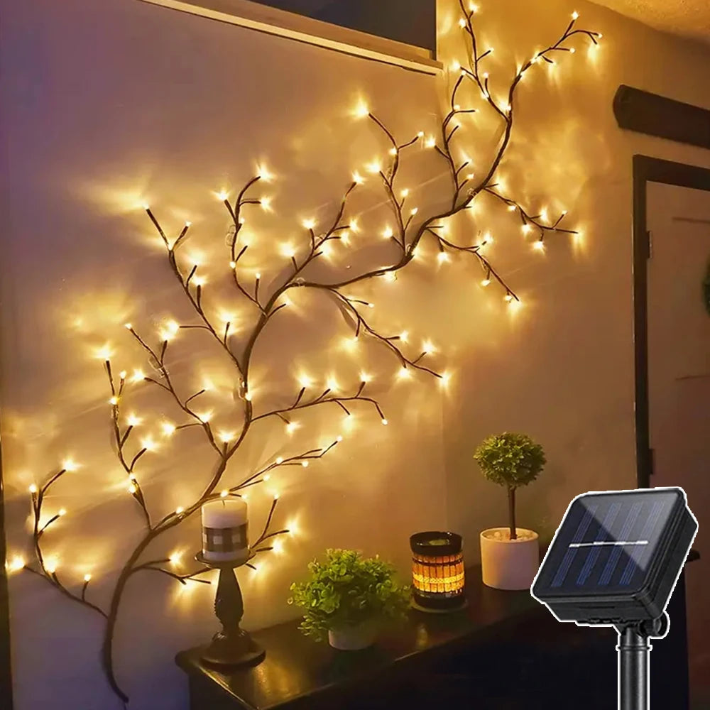 96LED Solar & USB Powered DIY Tree and Vine Lights - 8 Modes Warm White Decorative Lamp for Christmas & Party Home Decor