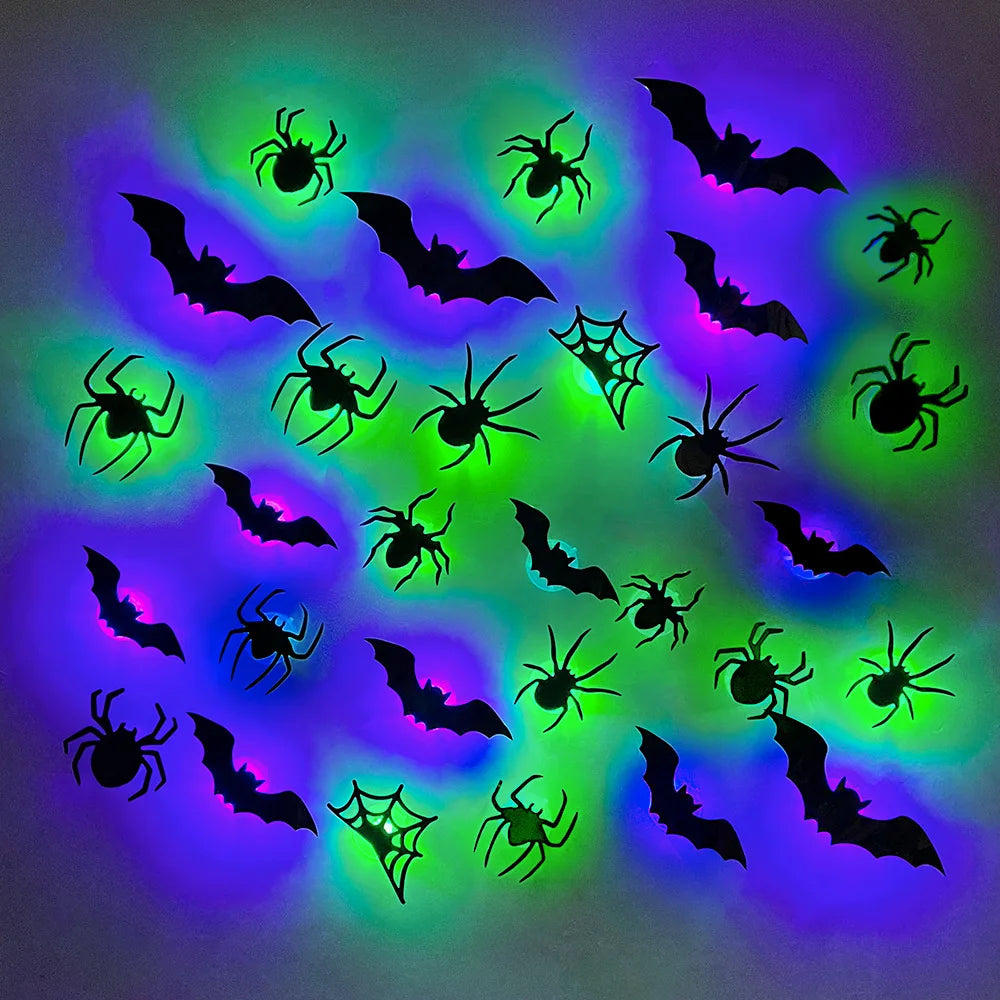 3D-paarse en groene LED-nachtlamp als Halloween-vleermuis en -spin, zelfklevende muurstickers voor huis en feestdecoratie 2026