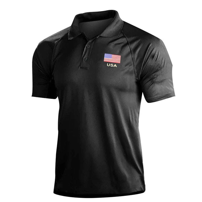 Breathable Men's Polo Shirt - Classic Polo, Distressed USA Flag Print, Athletic Wear
