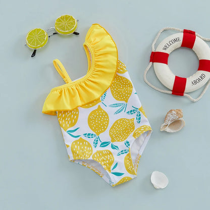 Lightweight Girls' Swimsuit - One-Shoulder Ruffle, Lemon Print, Polyester, Summer Beachwear