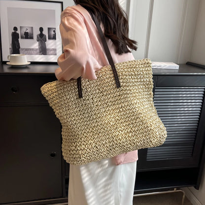 Straw Tote Bag Woven Beach Shoulder Bag Summer 2026 Large Capacity Carryall For Travel And Daily Use