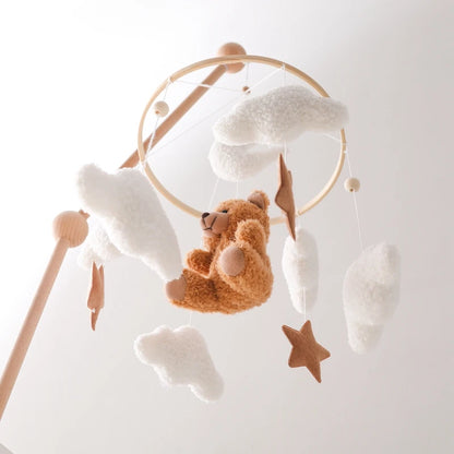 Wooden Crib Mobile Felt Bear Musical Newborn Sensory Toys
