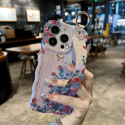 Oil Painting Flower Phone Case for iPhone 15 14 13 12 11 Pro Max with Wrist Band and Kickstand