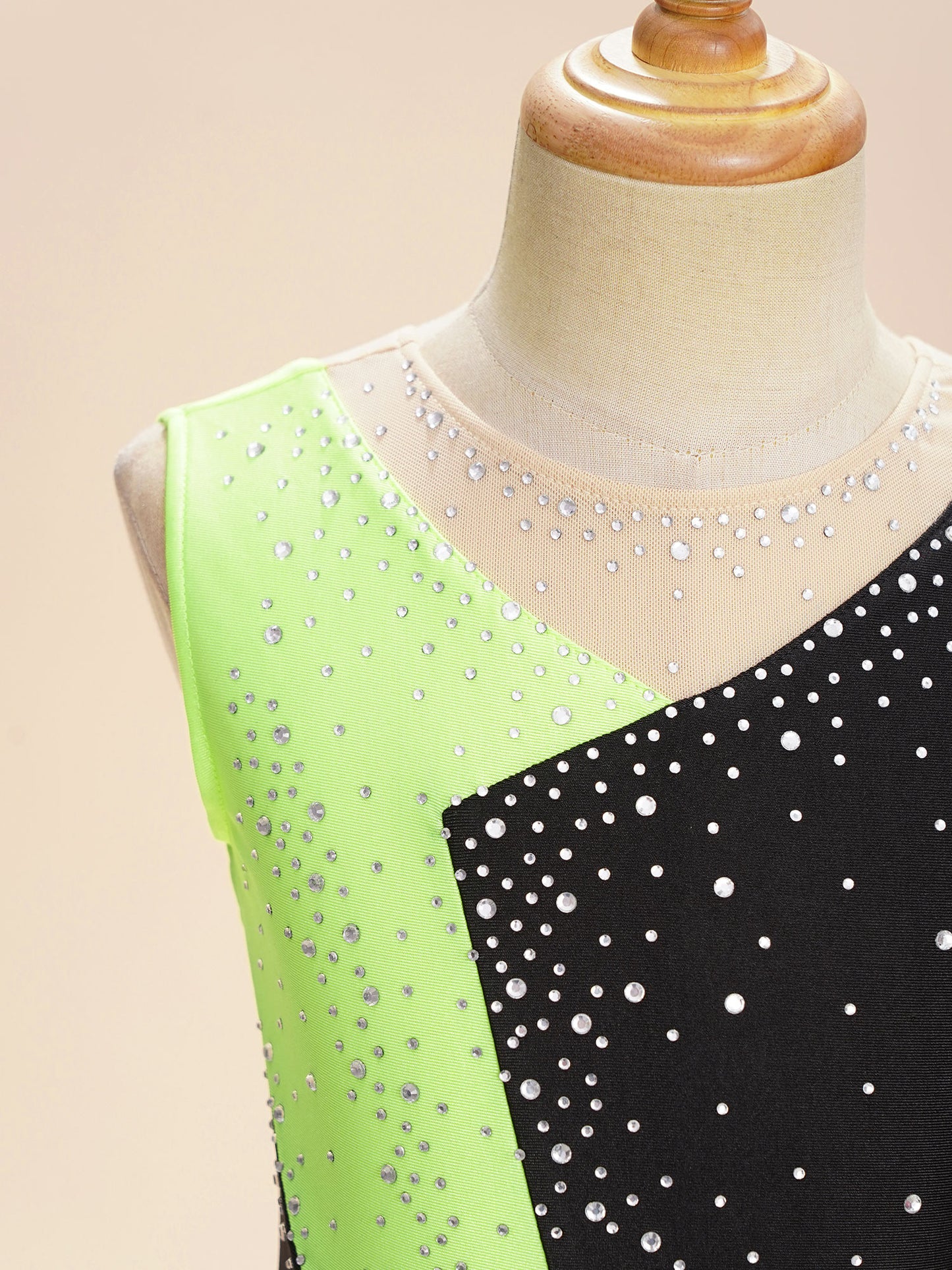 Stretchy girls' leotard - rhinestone mesh yoke, sleeveless, polyester, nylon, elastane, for lyrical dance performance