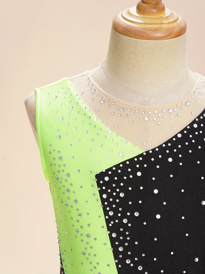 Stretchy girls' leotard - rhinestone mesh yoke, sleeveless, polyester, nylon, elastane, for lyrical dance performance
