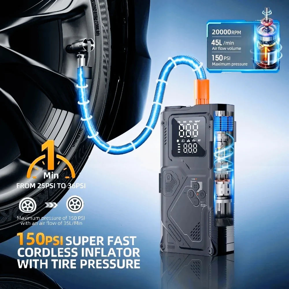 Jump Starter med luftkompressor 6 i 1 bilbatteri booster 5000A peak 150 PSI dekkpumpe 400LM LED-lys Fall 2025 Prep