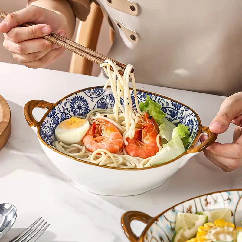 7.5 tums japansk keramisk nudelskål med handtag blå