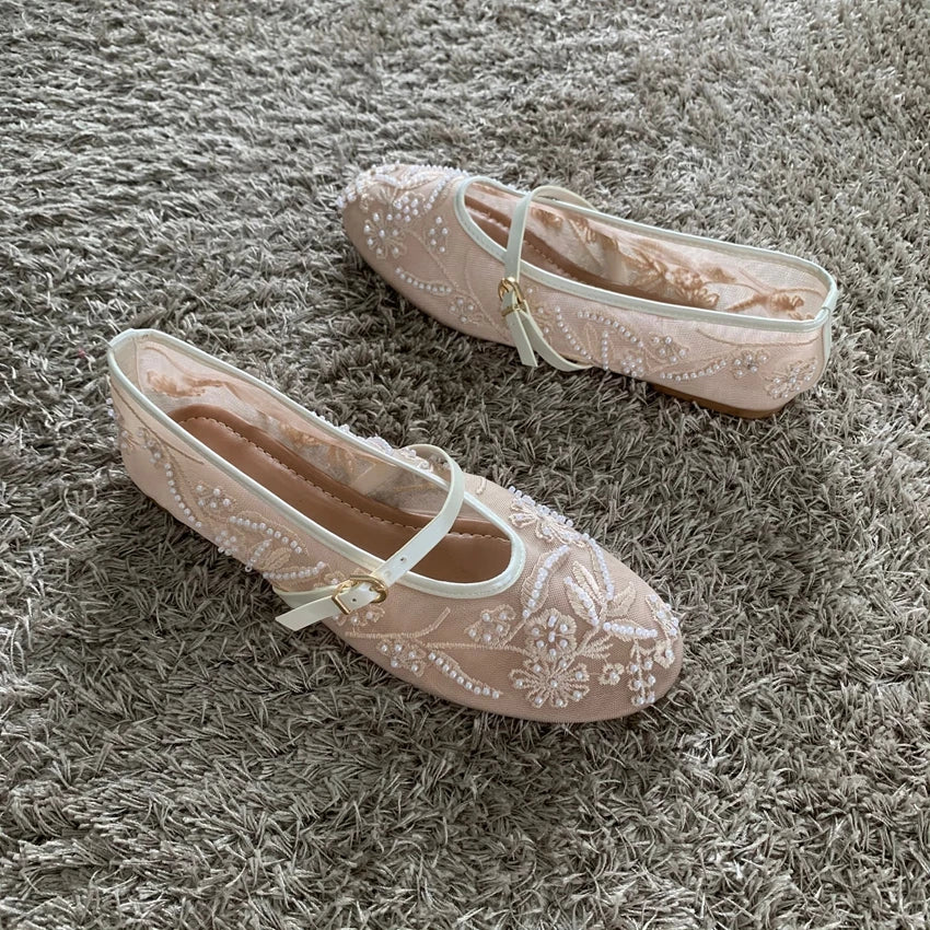 Breathable Women Ballet Flats - Mary Jane Mesh, Embroidered